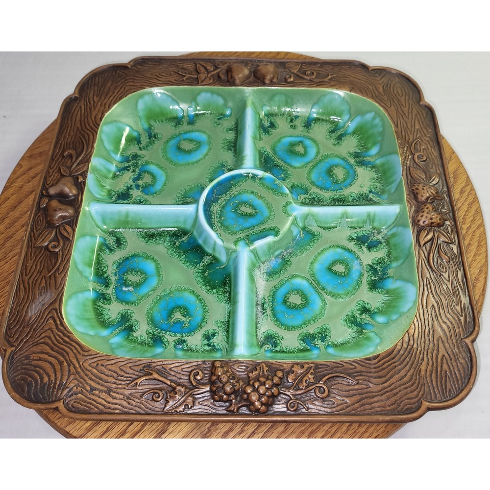 Treasure Craft Serving Tray Green Blue Drip Glaze Faux Bois Fruit MCM Vintage